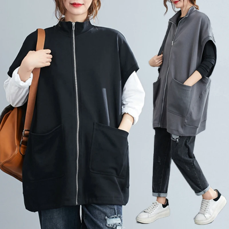 plus Size Women's Loose Korean Sle Zipper f High Collar Sweatirt Vest Long Svel Jaet Trendy Cotton Blend