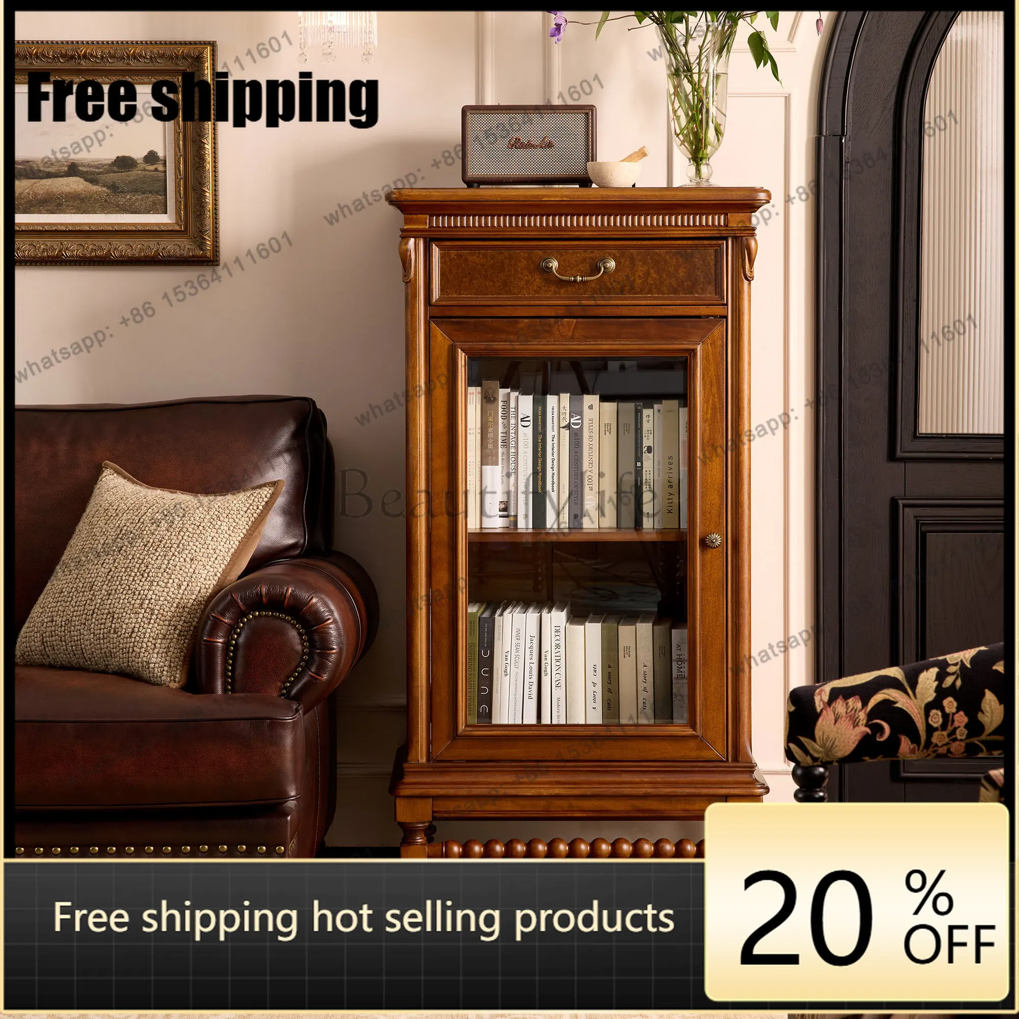 LD French retro solid wood wine cabinet household antique style wall integrated glass display cabinet