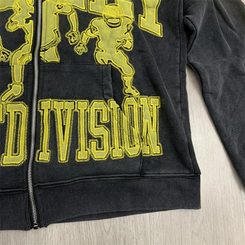 سترات بغطاء للرأس سوداء مغسولة من American Style VALLEY للرجال والنساء بشعار مطرز كبير الحجم من القطن الخالص