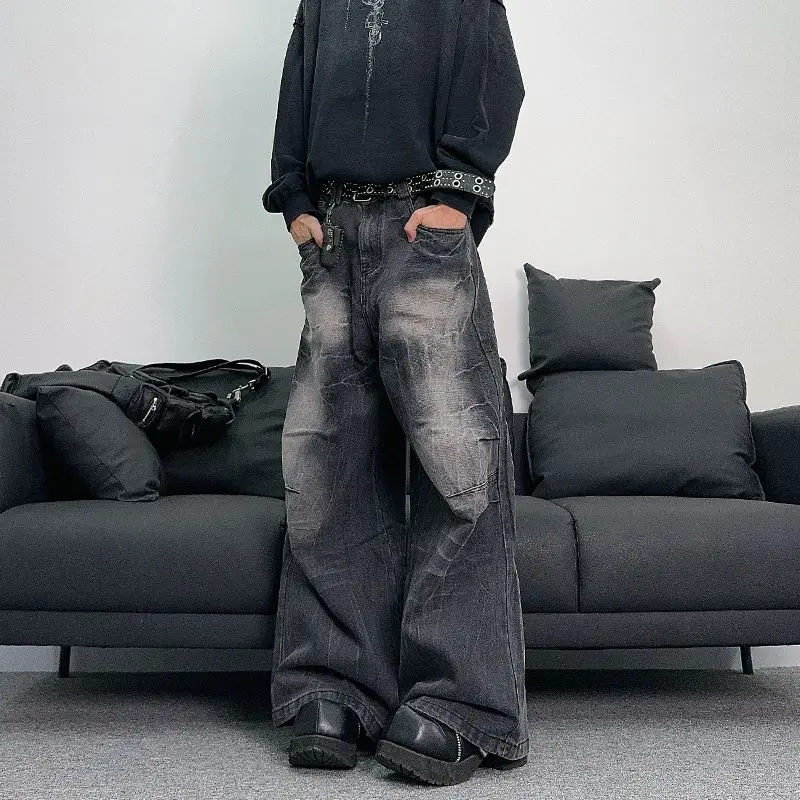 Men's Tie-dye Wide Legs Jeans Street Pants Cool Boy Bottoms High Waist Vintage Spring Sweatpants Male Vibe Punk Trousers