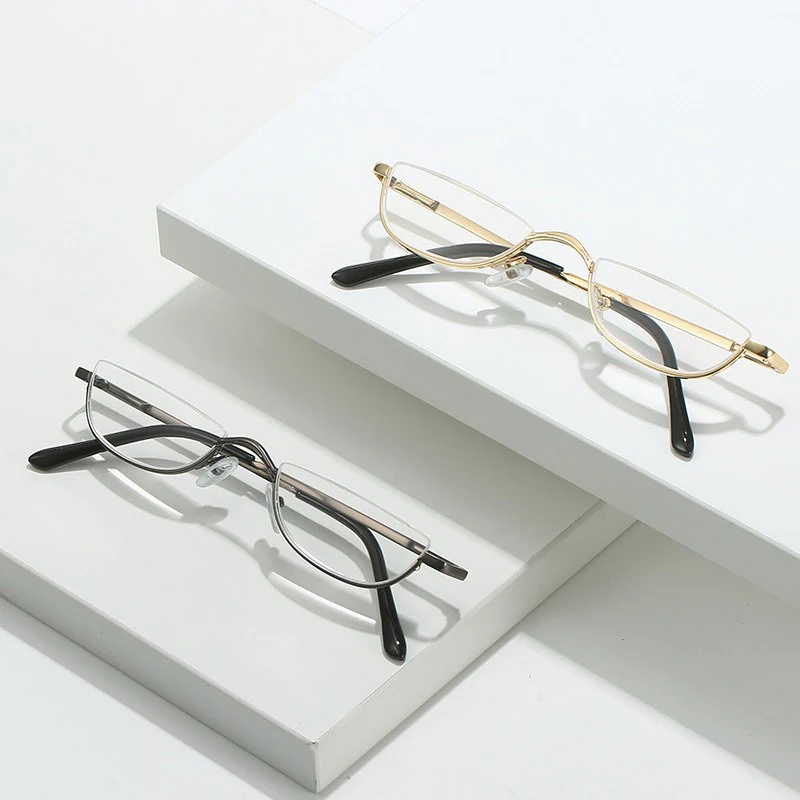 Gafas de lectura unisex con bisagras de resorte, montura metálica de media luna, ultraligeras de resina, con medio marco, de +1.00 a +4.0