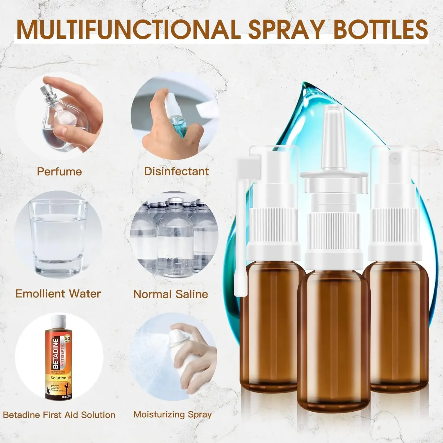 1pcs 5ml-100ml  Empty Refillable Amber Glass Nasal Sprayers Vial Bottle Jar Pump Clean Spray Storage Container