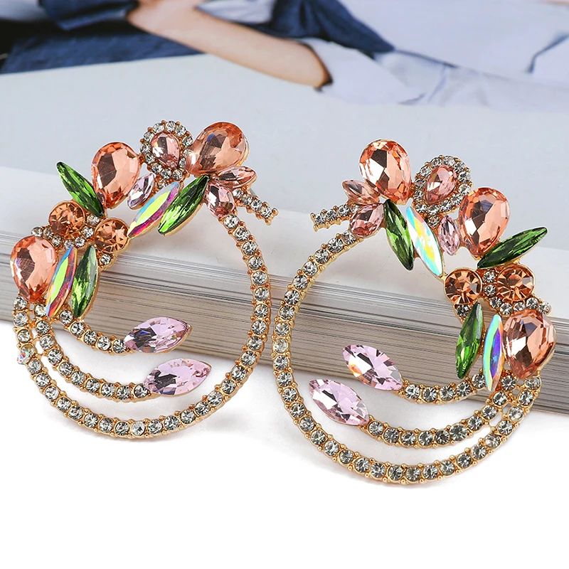 Upscale Luxury Pride Earrings For Women Catwalk Style Exaggeration Shiny Rhinestone Flower Big Circle Full Drill Trend Jewelry