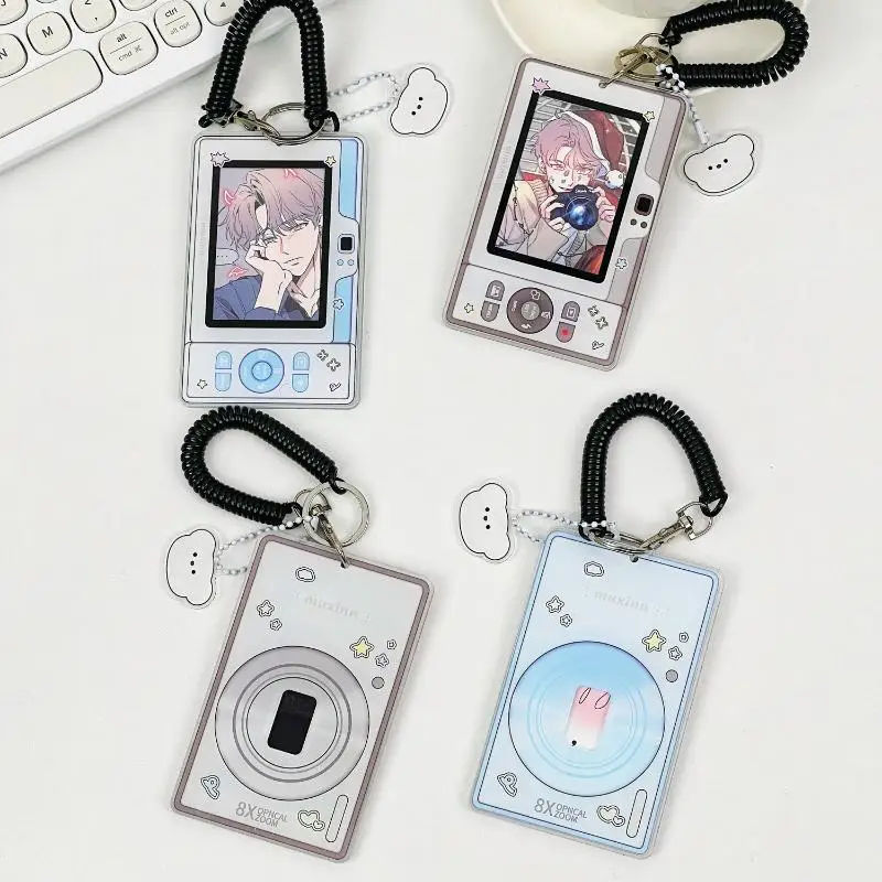 Cute Camera Shaped Acrylic Photocard Holder With Coil Lanyard Clear Window Anti Drop Design For Kpop Fans Collecting Idol 1Pcs