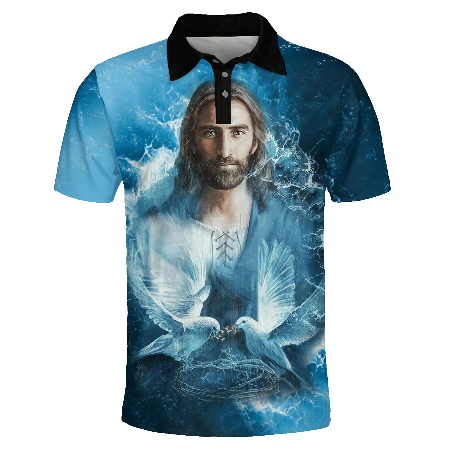 Men's Casual Short Sleeve Cross Polo Shirt With 3D Jesus Print Lion Men Women Sporty Style Lapel Quick Dry Sports Tee For Summer