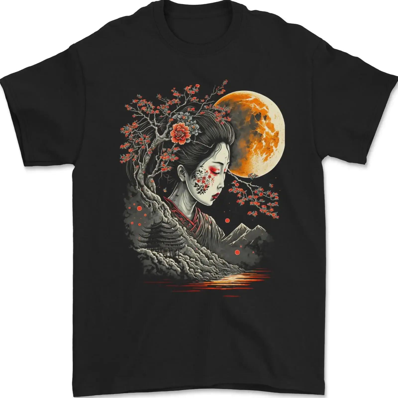 A Geisha Girl Cherry Blossom Moon Fantasy Mens T Shirt 100 Cotton vintage Washed Casual Breathable Soft streetwear Stylish