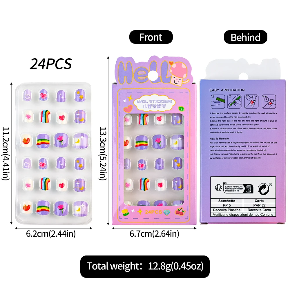 5-12 سنة الأطفال الصحافة على الأظافر 24 قطعة/صندوق قوس قزح/يونيكورن/القط/زهرة لطيف فتاة الأظافر وهمية ثلاثية الأبعاد لاصق الكرتون أظافر صناعية تلميح