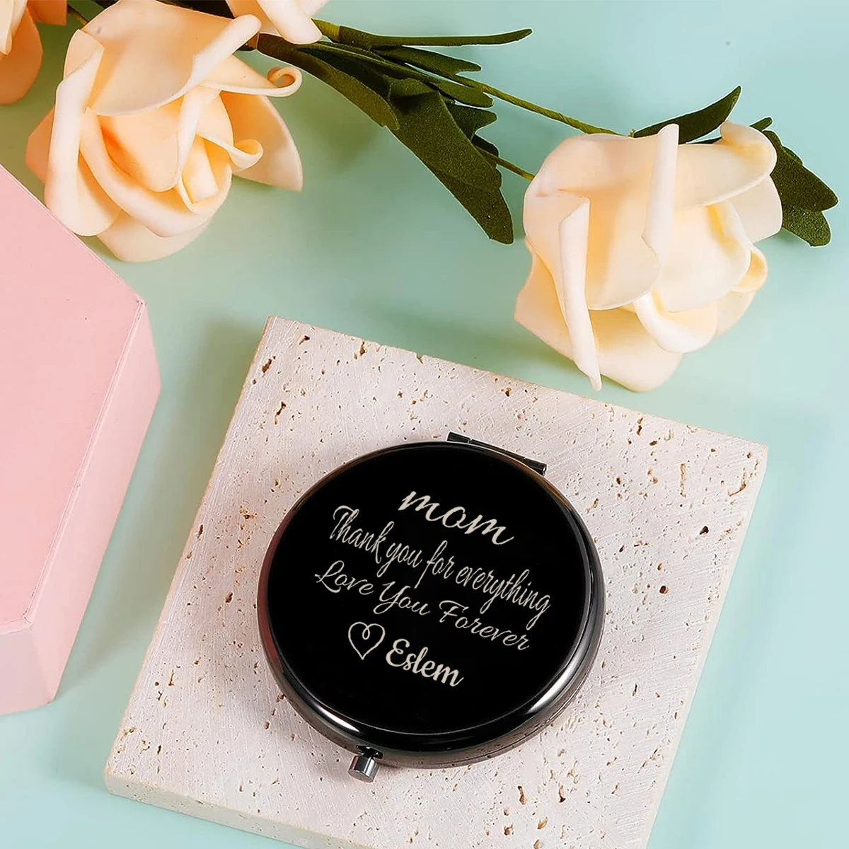 

1pc black Diy Old Engraving Custom Text Makeup Mirror Metal Sliver Wedding Party Gifts