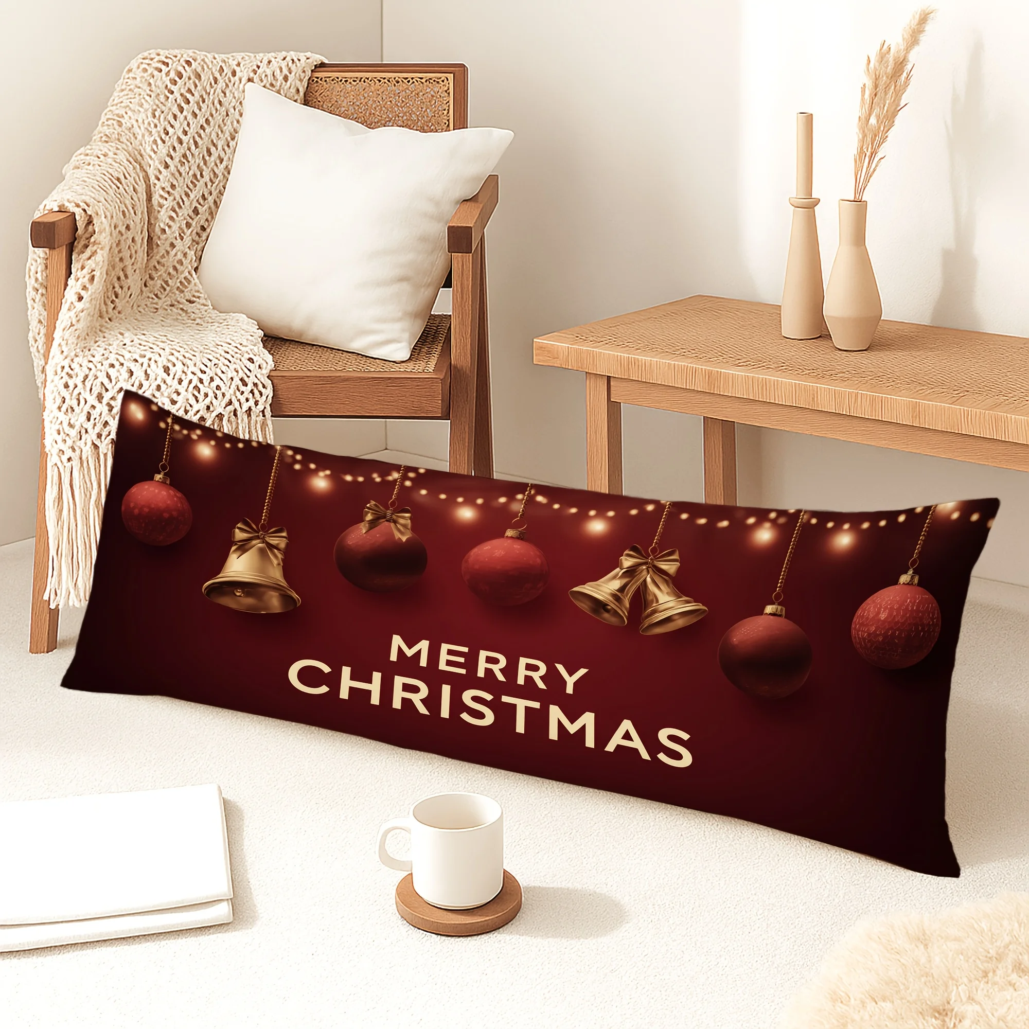 1pc Body Pillow Cover Christmas Decoration Merry Christmas Bells Balls String Lights 20*54 Inches Suitable for Living Room Bedro