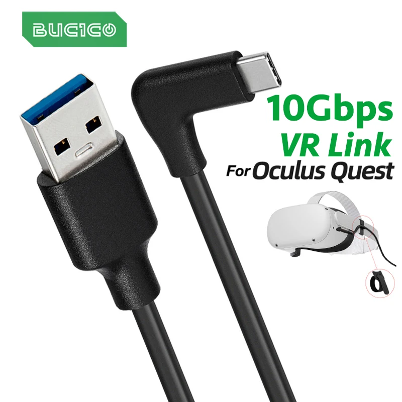 Type C VR Link Cable USB C Data Line USB3.2 Gen 2 10Gbps 3A 60W Fast Charging 90 Degree Elbow Gaming Cord for Oculus Quest PVC