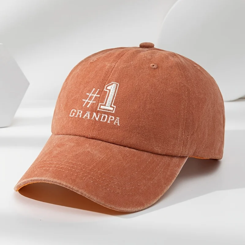 1шт Винтаж стираный # Бейсболка с вышивкой дедушки 1, мягкая, регулируемая, влагоотводящая солнцезащитная кепка для занятий спортом на открытом воздухе и повседневного использования