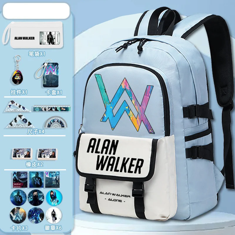 Breathable mesh,Black White Blue,Alan Walker,AlanWalker,Student Kids Teens School Bags,Large Capacity Anime Backpacks Girls Boys