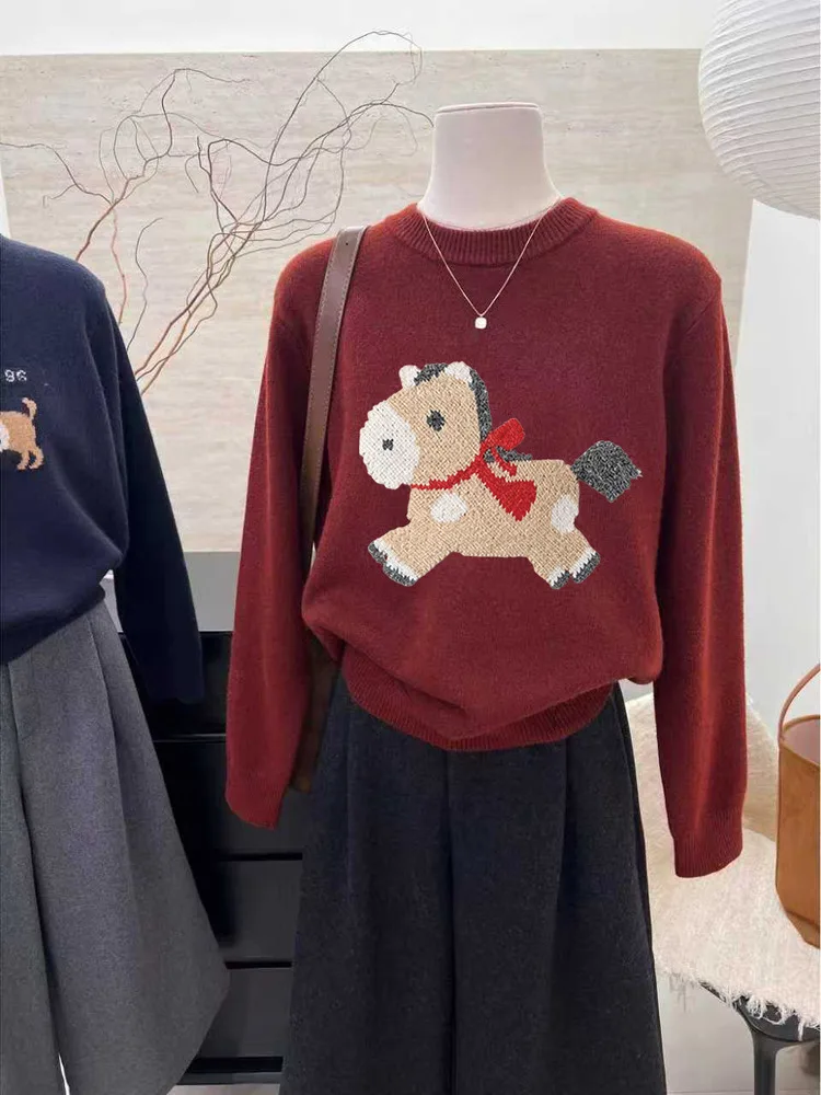 

Ladies' Thiened Loose Knitted Sweater Festive Red New Year 2026 Year Warm Top Casual Comfortable Korean Sle Long Sl...