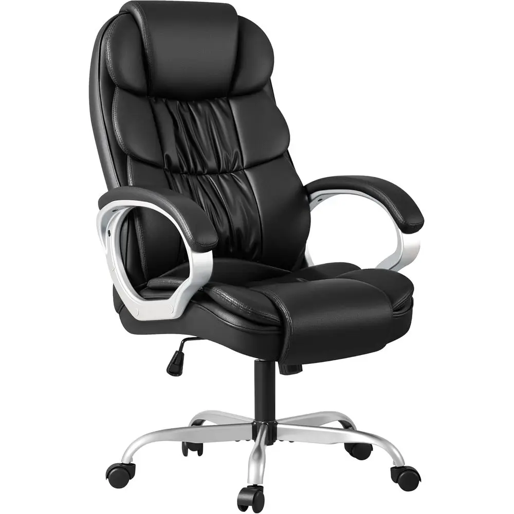 

High-Back Ergonomic PU Leather Swivel Chair with Adjustable Height, Padded Armrests and Lumbar Support for Computer Desk (Black)