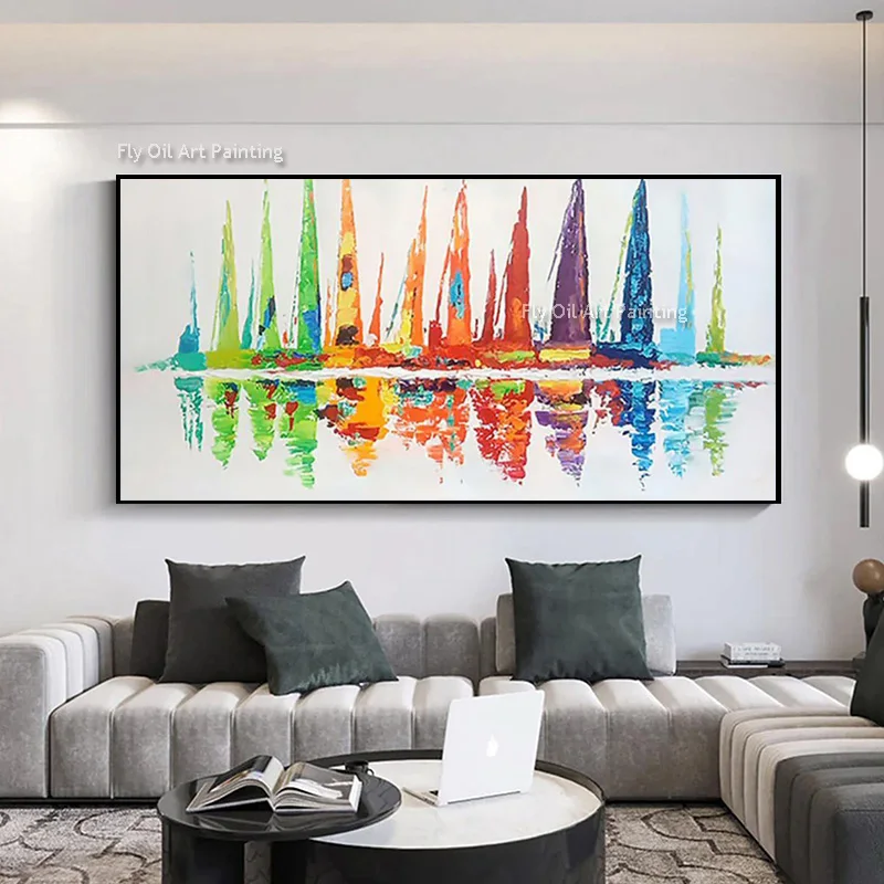 White Sea Colorful Sail Boats Canvas Thick Wall Art New Simple Handpainted Modern Blue Orange Oil Painting For Room Decor