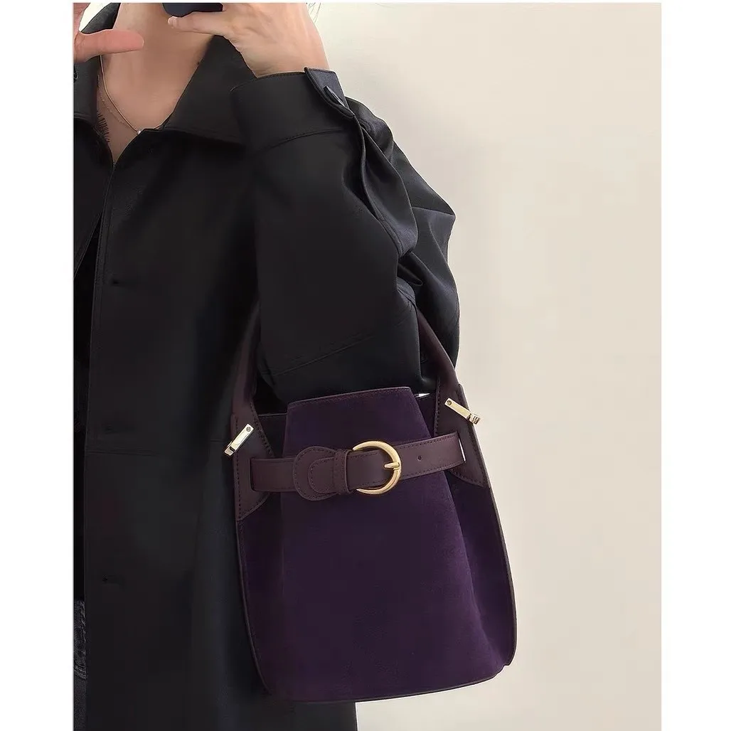 Frosted leather bucket bag, leather versatile niche design, light luxury handbag, shoulder crossbody women's bag