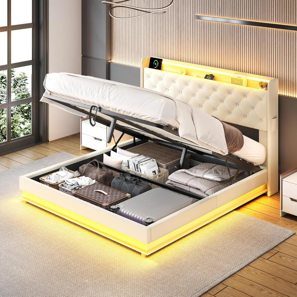 

Led Queen Lift Up Storage Bed Frame with Wingback Headboard, Beige Upholstered Platform Bed Frame with Storage Underneath & Char