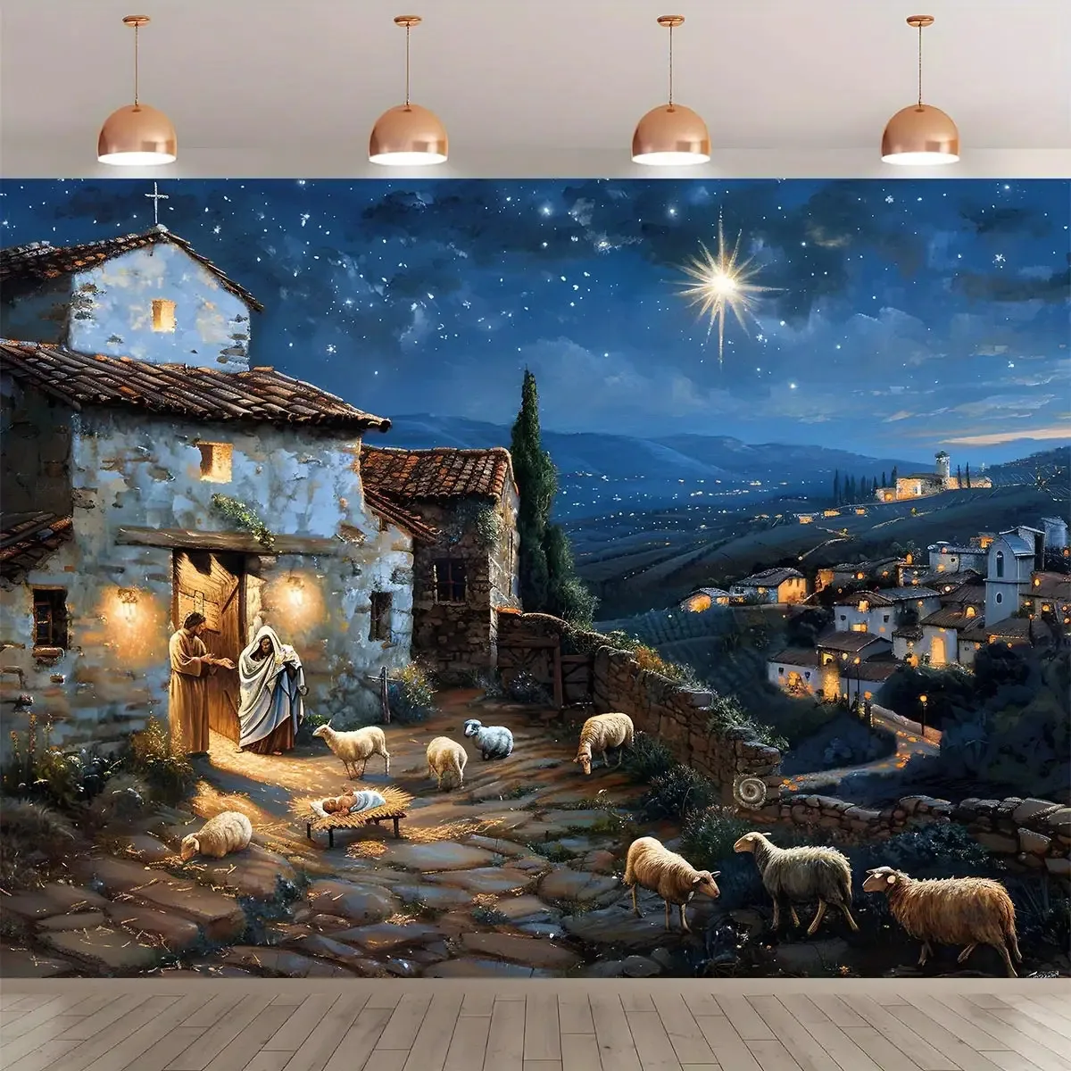 Large Rustic Tapestry Wall Hanging Starry Mediterranean Village European Countryside Night Sky Farmhouse Home Decor Art