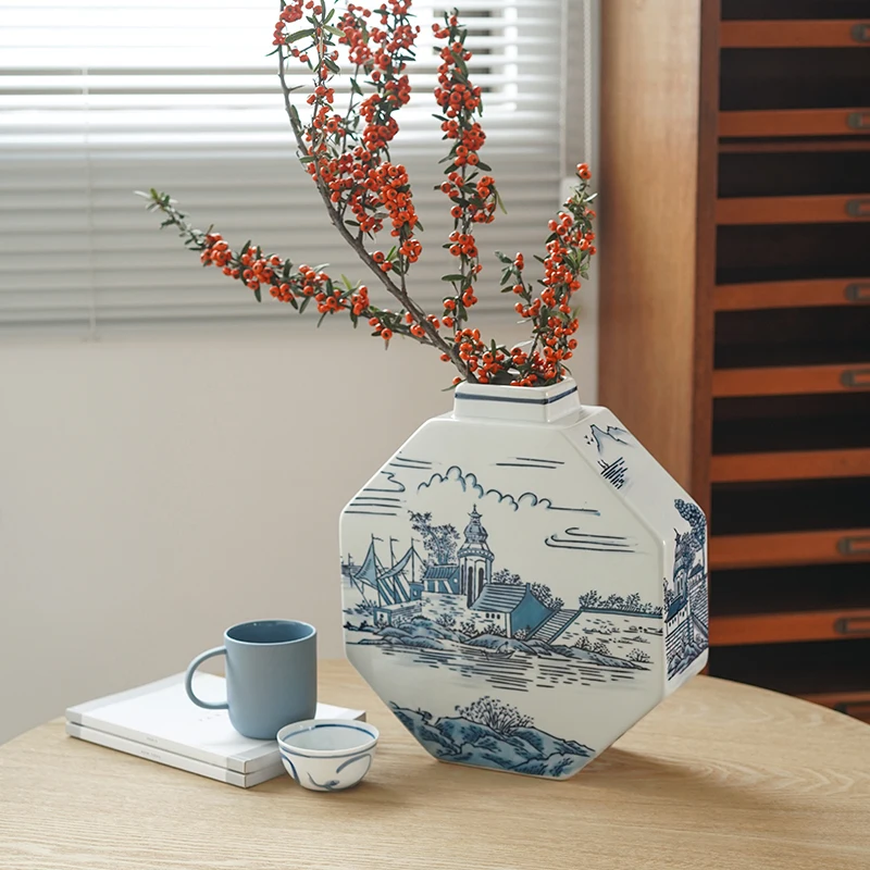 Chinese Ceramic Vase Living Room Porch Blue and White Porcelain Vase Flower Creative Flower Arrangement Home Decoration Retro