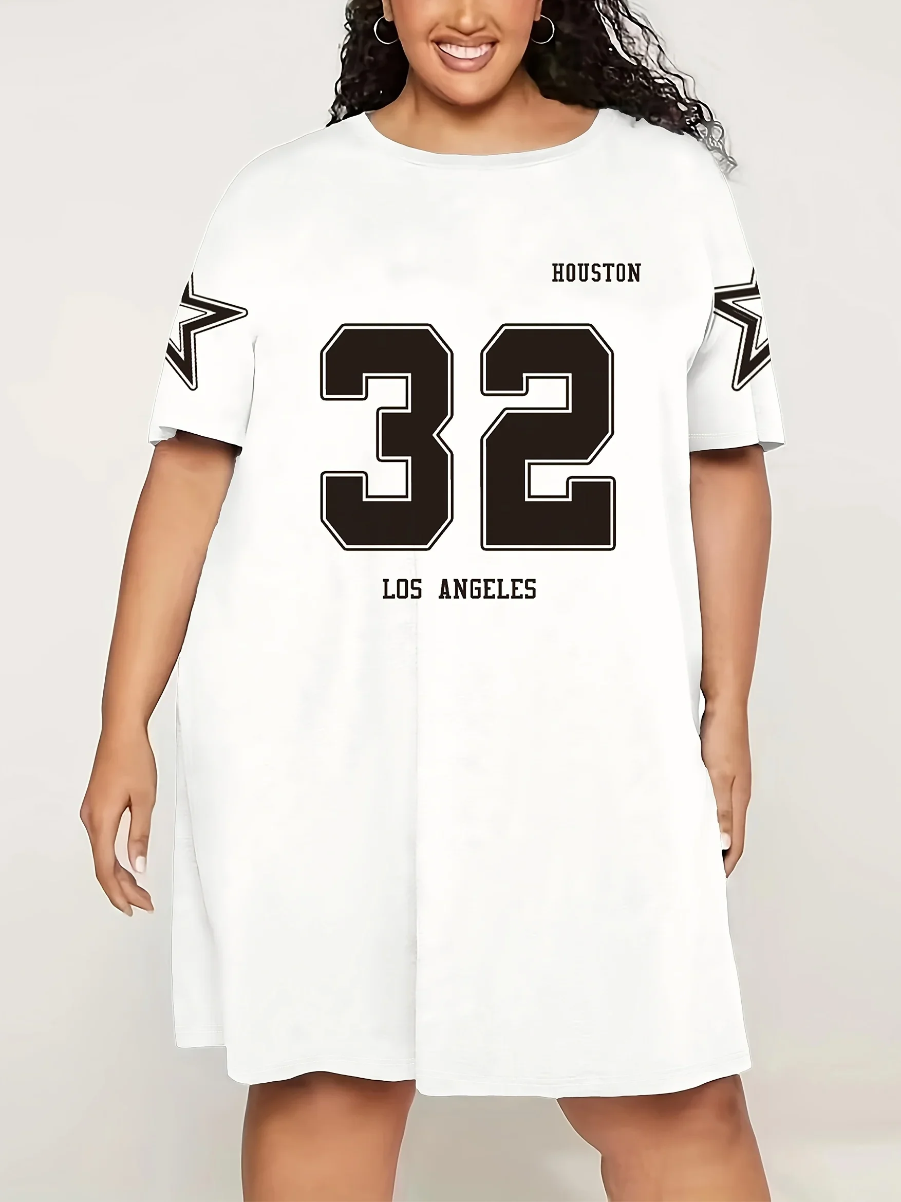 Women's Plus Size Letters and Numbers Graphic Drop Shoulder Short Sleeve Dress Summer Outdoor Leisure Loose T-Shirt Skirts