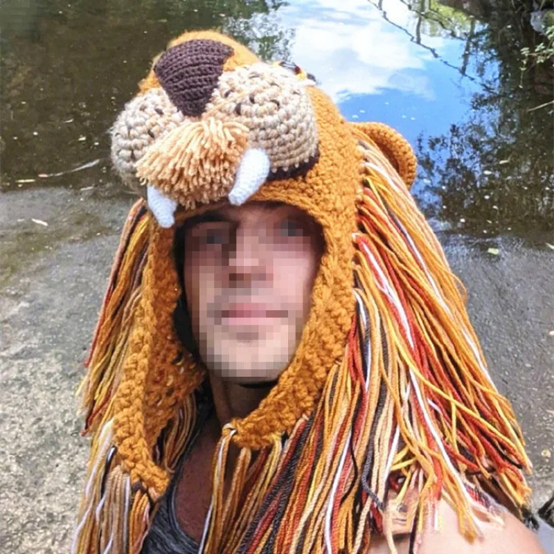 

Man Woman Handmade Knitted Lion Head Hat Personality Quirky Fashion Heads cover Warm Hats Halloween christmas Gift