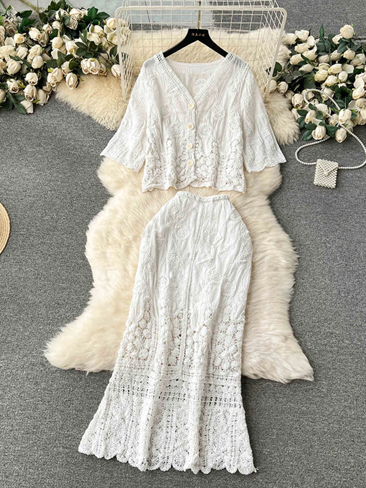 Zomer Boheemse Strandvakantie Set Dames Nieuwe Retro Veelzijdige Holle Korte Vest Halve Rok Tweedelige Set Trendy S43