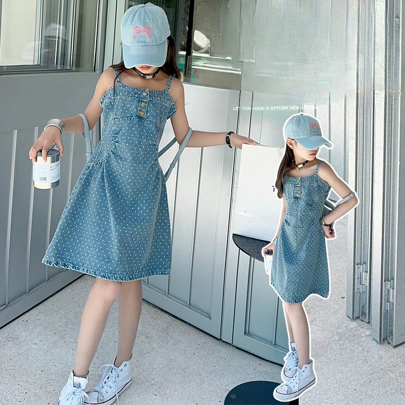 

Girls Denim Dress Summer 2024 New Fashion Slip Dress Big Children Fashion Polka Dot Skirt Korean Simple Style Clothes Skirt