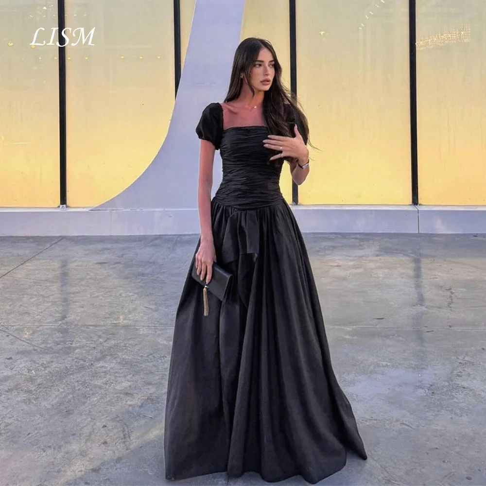 

LISM Elegant Black Prom Dresses Long A Line Strapless Vestidos Para Mujer Elegantes Short Puff Sleeves Formal Gowns Customized