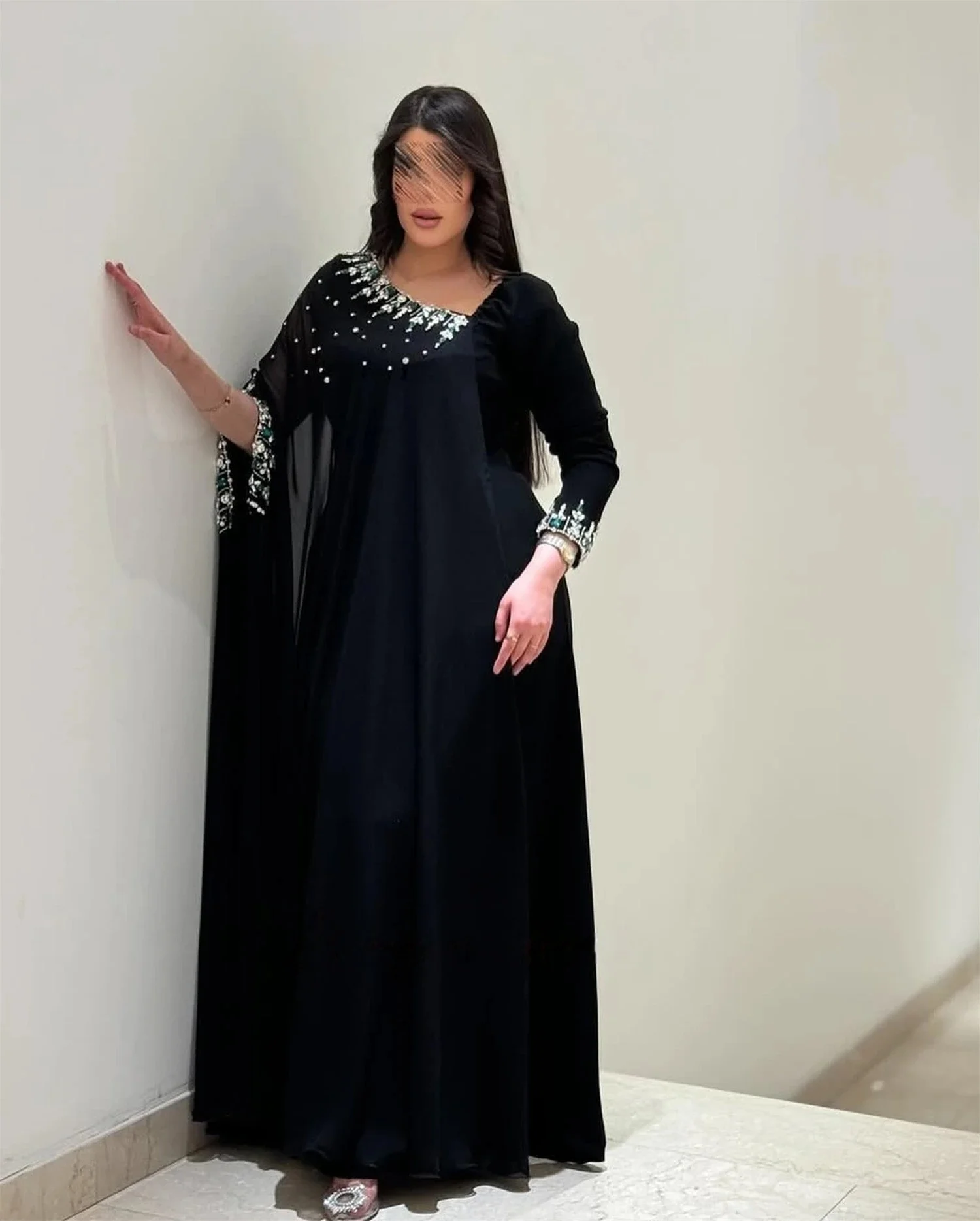 

Black Beaded Long Sleeves Bespoke Occasion Gown Evening Dresses Prom Pastrol Unisex Jersey Retro Dubai Saudi Arabic Customized