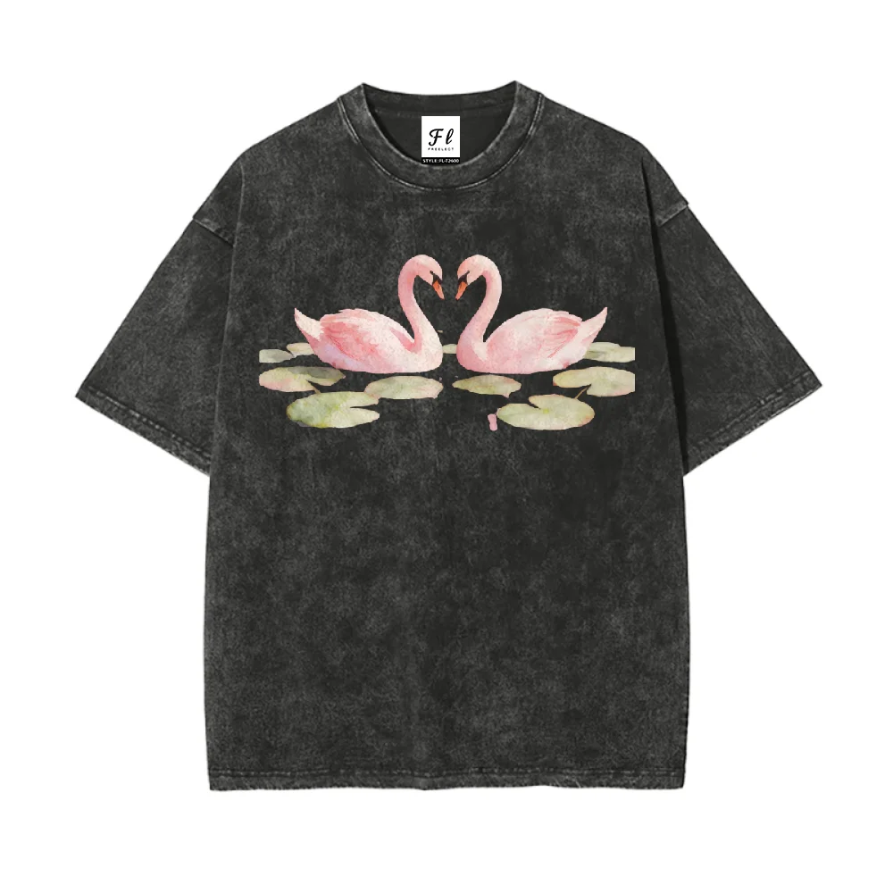 

Romantic Swan Graphic Oversized Vintage Unisex Short Sleeve Washed Casual Streetwear Y2K Harajuku Trendy Tee For Men Women