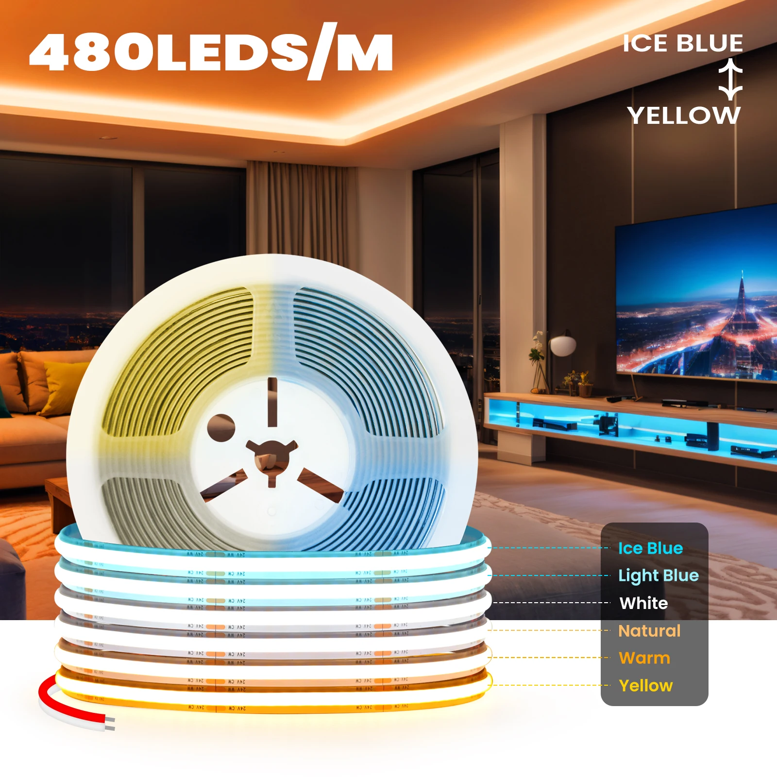 24V COB LED Strip Light Ice Blue to Yellow Color-Changing 480LEDs/M Double Color RA90 Dimmable Linear DIY Ribbon Lighting 1M-10M