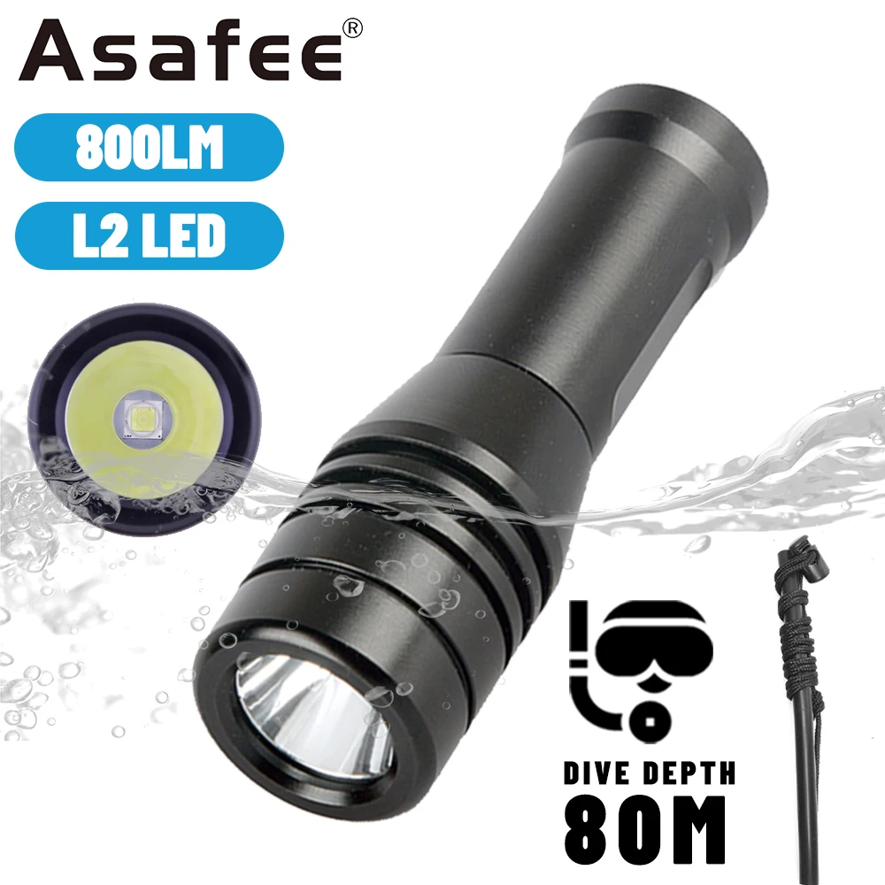 Asafee-linterna LED subacuática L2, 80M, 800LM, IPX8, impermeable, interruptor giratorio, 1 modo, batería 14500