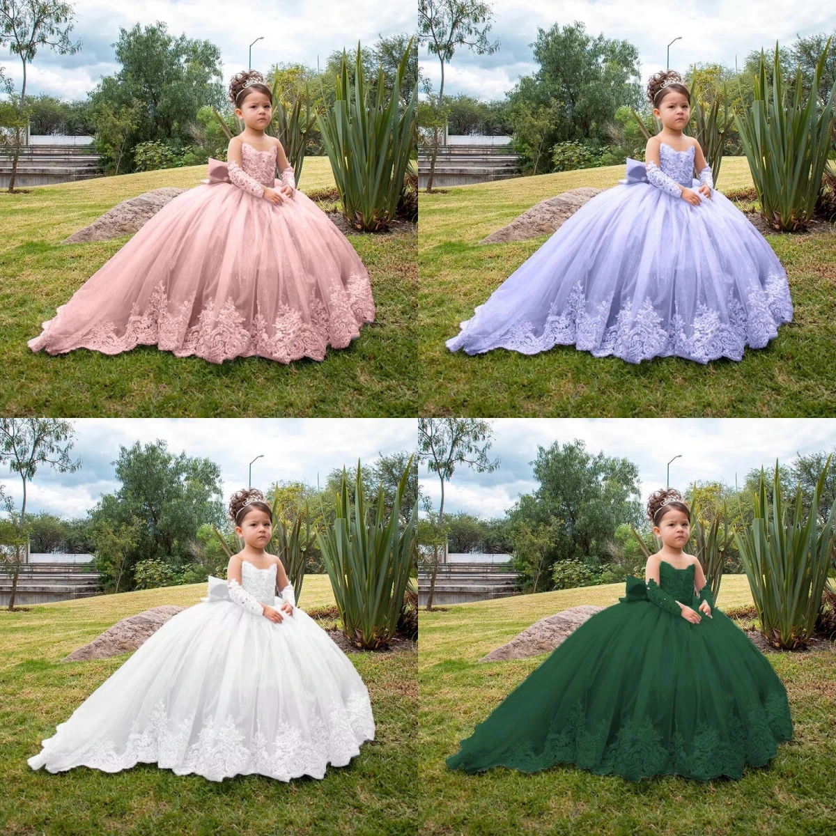 Luxury Custom Flower Girl Dress Illusion Long Lace Sleeve Glitter Tulle Long Train Oversized Bow Beauty Pageant Birthday Gown