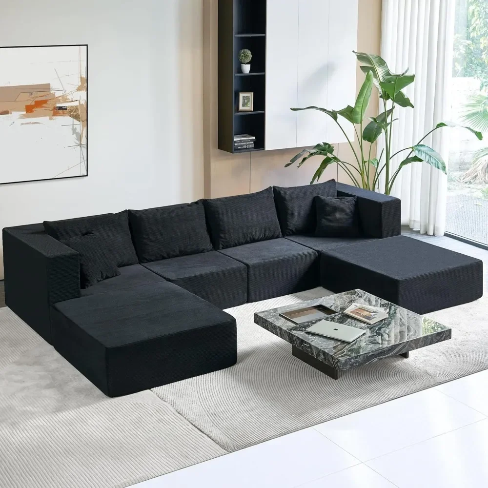 

140-дюймовый модульный секционный диван-кровать, вельветовый диван-кровать с глубоким сиденьем, удобный облачный диван для гостиной, напольный диван, 6 предметов F