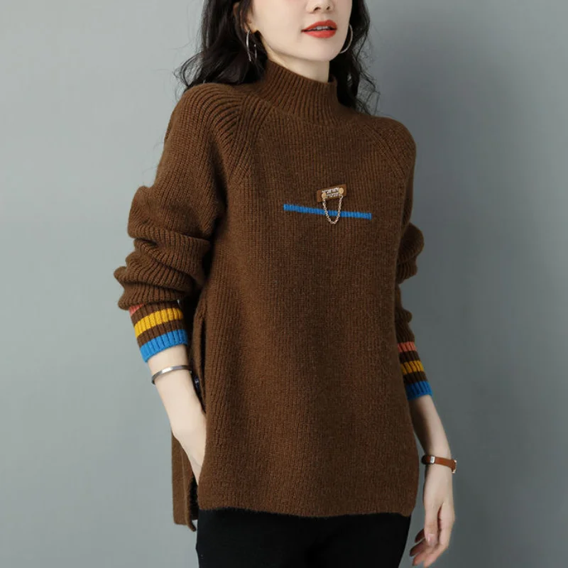 Women\'s Clothing Fashion Versatile 2023 Autumn and Winter New Splice Buttons Half High Collar Long Sleeved Solid Color Pullover