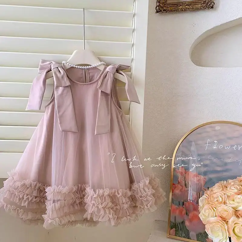 

2025 Summer New Girls' Bow Tie Dress Tutu Gauze Skirt Baby Children's Princess Fluffy Dress 2-7Y