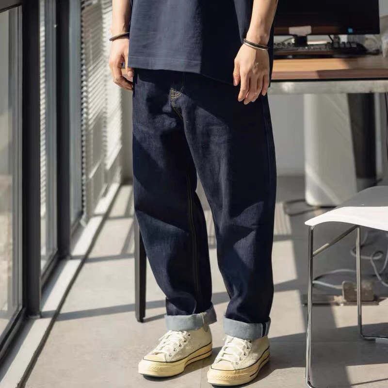 

Retro Japanese Sle Thi 4OZ Denim Ear Deep Crotch Wide Leg Loose Straight Men's Original Bull Denim Jeans