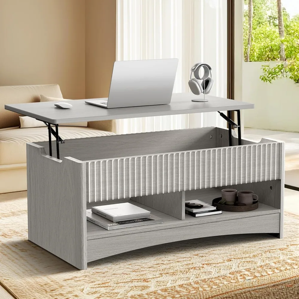 Stolik kawowy z podnoszonym blatem i otwartym i ukrytym schowkiem, nowoczesny stolik kawowy z rowkowanym wzorem i płynnym mechanizmem podnoszenia, solidny i oszczędzający miejsce.