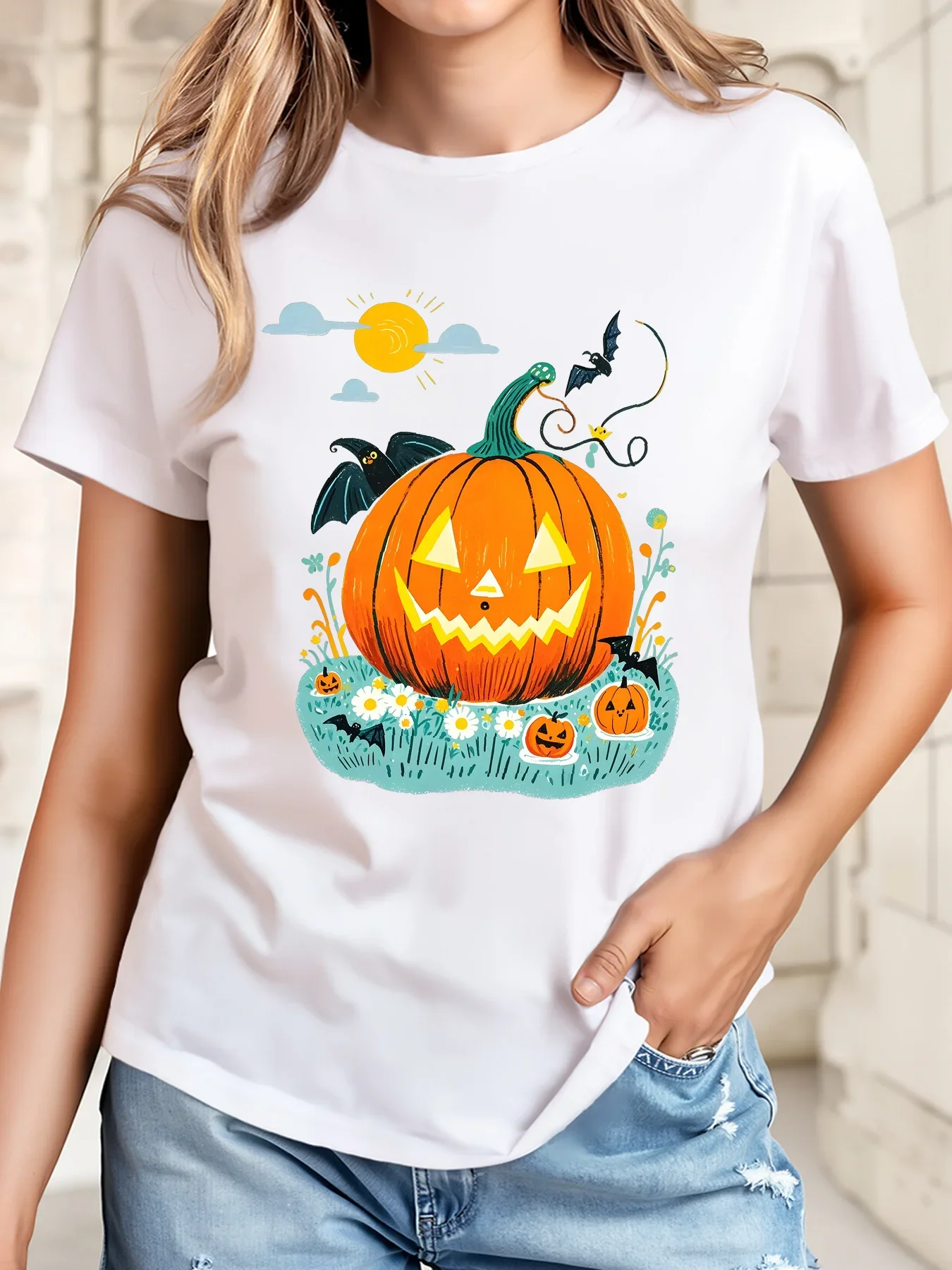 Halloween-T-Shirt mit gruseligem Kürbis-, Fledermaus- und Sonnenblumen-Print, Rundhalsausschnitt, kurze Ärmel, schwarz mit orange-blauem Design – Detail 2
