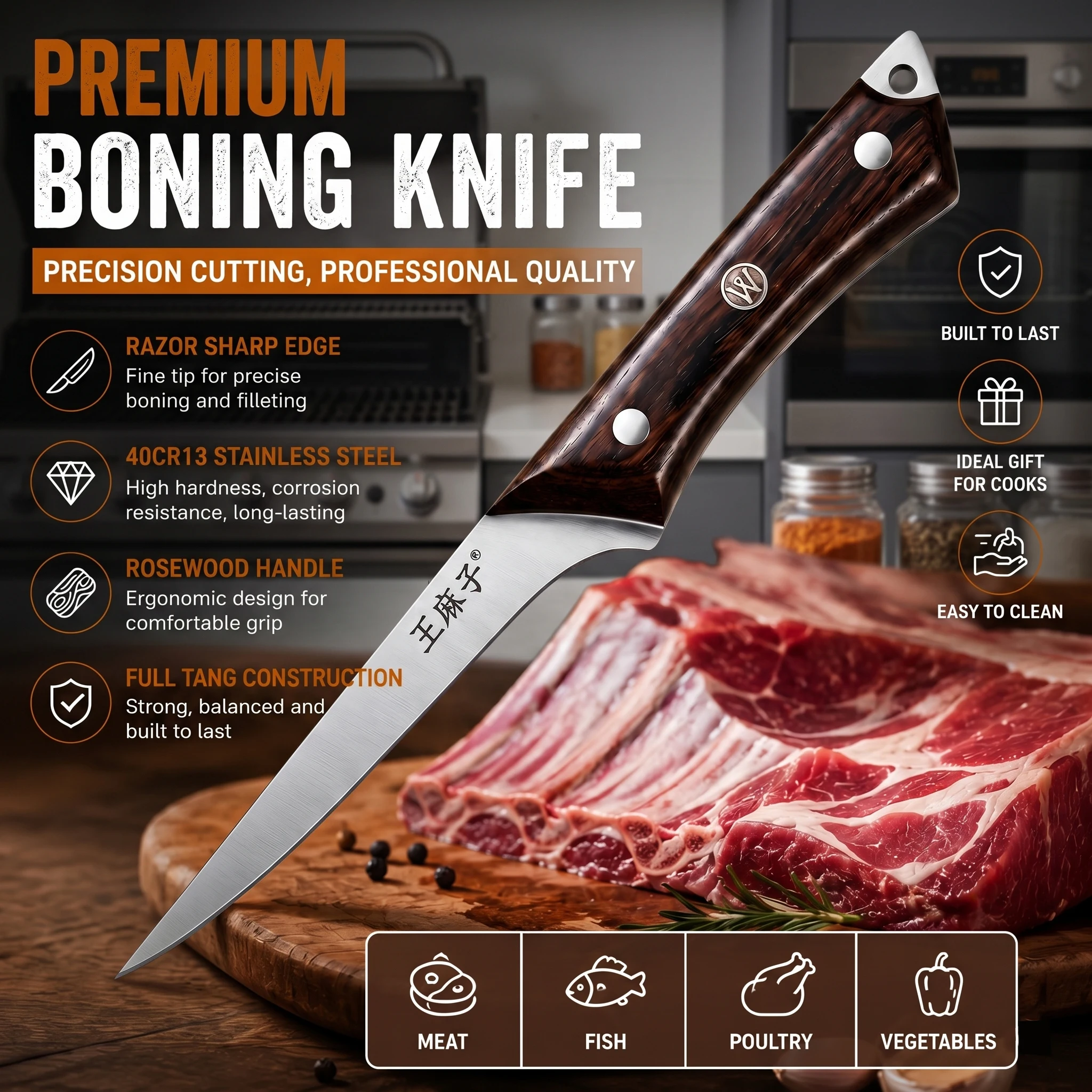 New Premium Boning Knife Ultra Sharp 14.5cm – 40CR13 Stainless Steel Wenge Wood Handle for Meat Fish Poultry