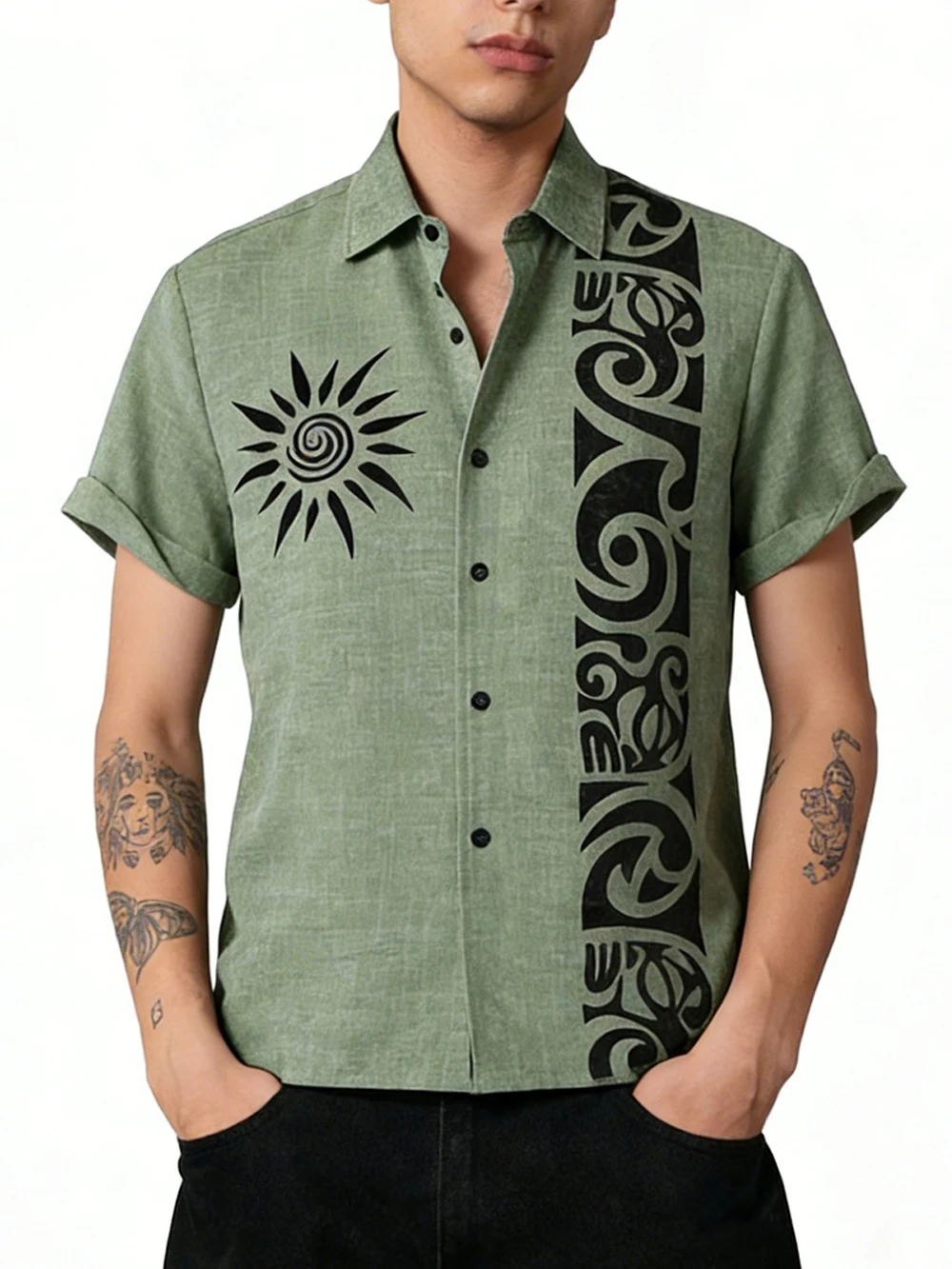 Men's Simple and Fashionable Short Sleeved Collar Shirt with Natural Geometry, High-definition Printing, Breathable Daily Shirt