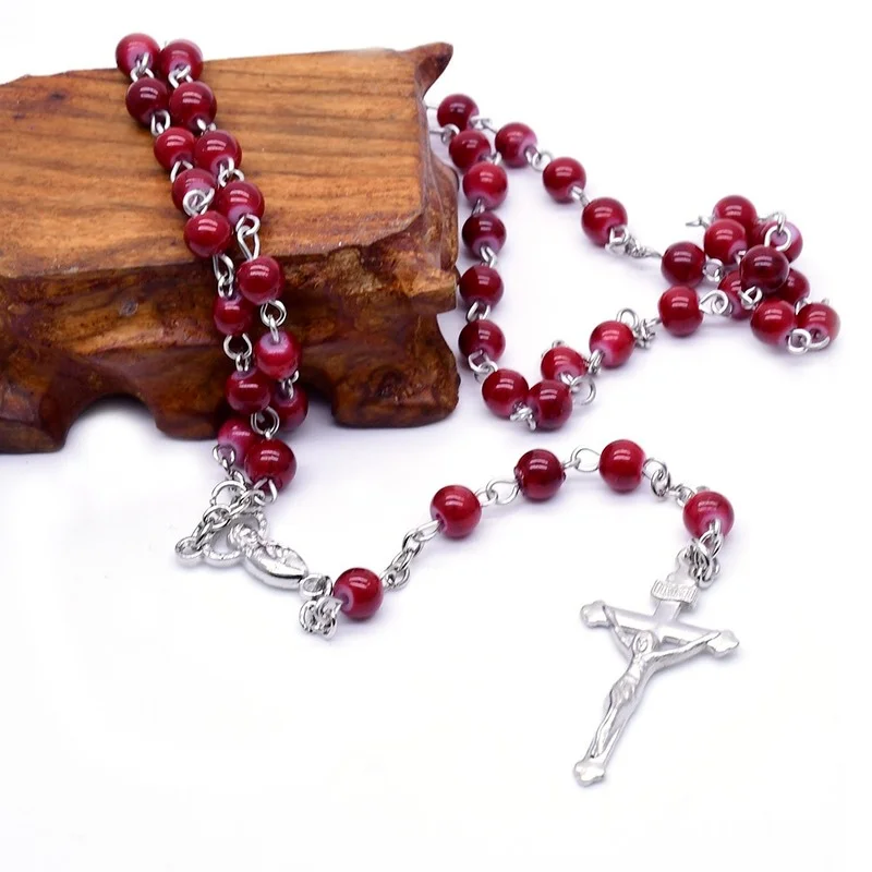 6mm Vintage Red Color Beaded Cross Pendant Necklace Women Men Geometric Pendant Rosary Cross Necklace Catholic Religious Jewelry