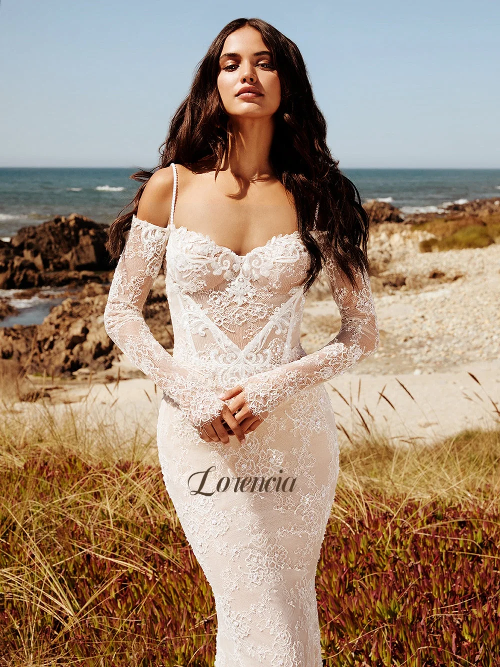 Lorencia Long Sleeves Lace Mermaid Wedding Dresses Off Shoulder Fitted Bridal Gowns Open Back Customized Trumpet Wedding Gowns