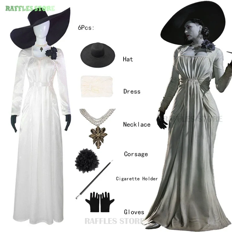 Alcina Dimitrescu Cosplay Costume Gown Dress Resident Village Horror Style White Dress Women Halloween Evil Cosplay Scary Outfit