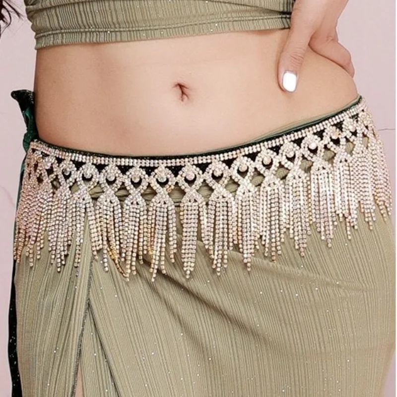 Customized Oriental Belly Dance Waist Chain Tassel Colorful Diamond Belt Dance Waistband for Women and Sexy with Water Drill