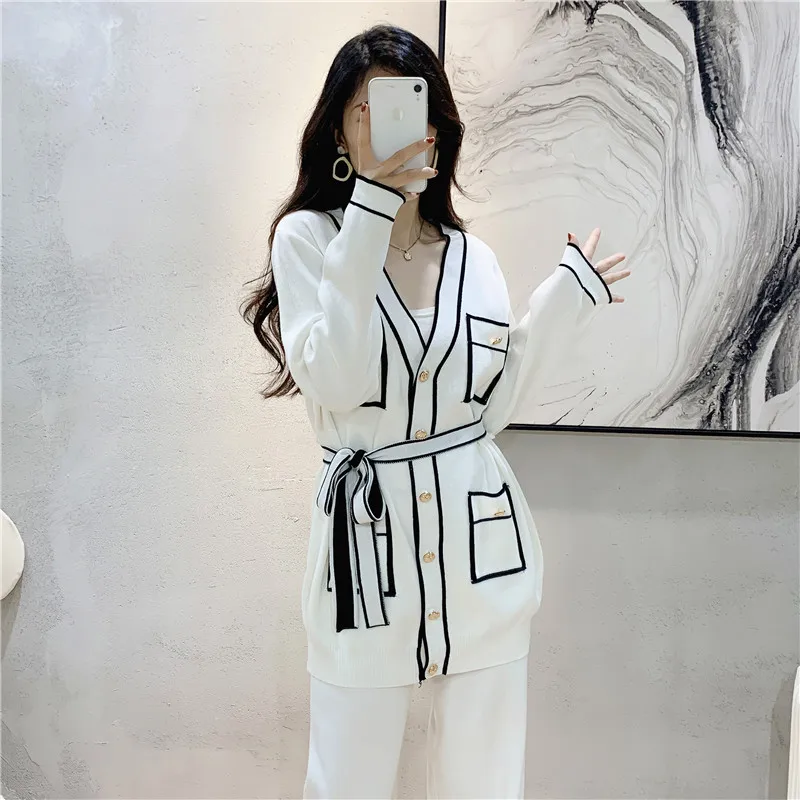 Autumn Winter Casual Two Pieces Suits Long Sleeve Knitted Cardigan Coat+Elastic Waist Wide Leg Pant Female Loose Sweater Sets