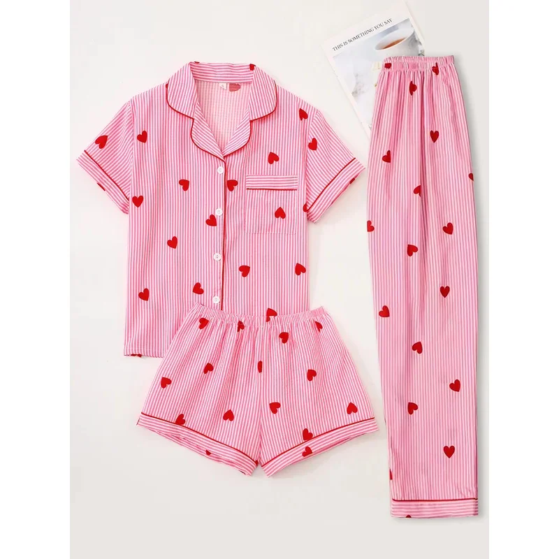 

Women Pajamas Notch Lapel Short Sleeve Shorts Pants 3 Piece Set Spring Summer Fall Cute Print Homewear Loungewear