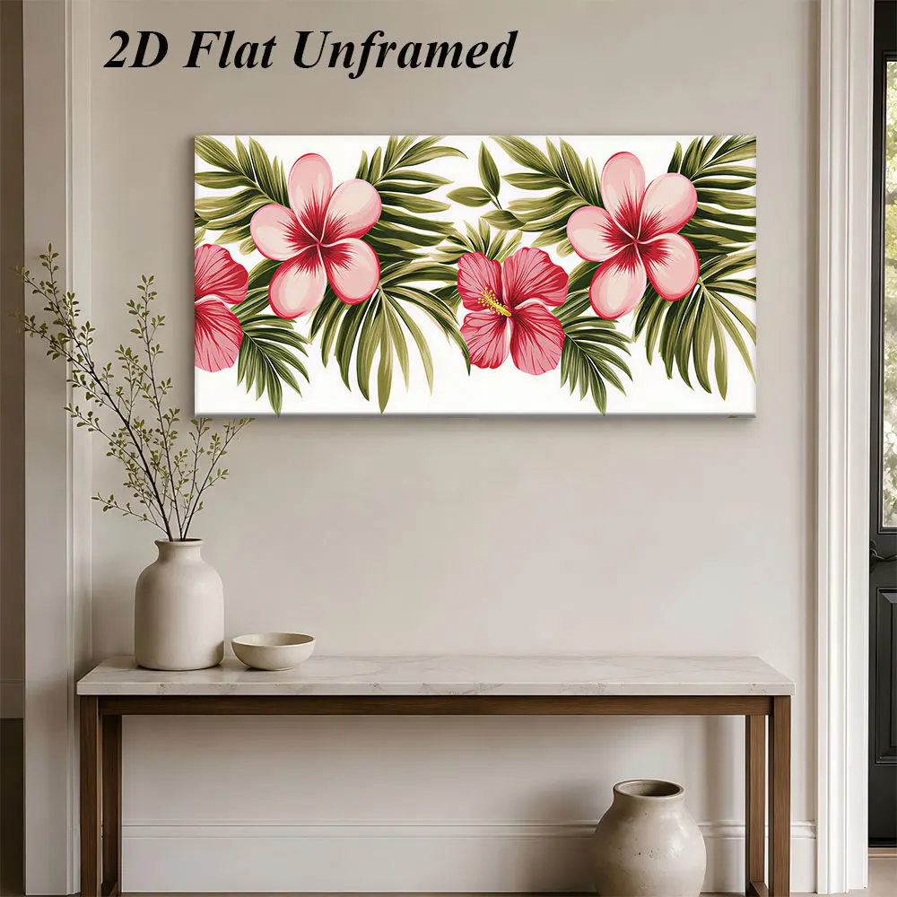 1pc (No frame),1 tropical style frameless decorative painting with pink egg flower, red hibiscus flower, green palm leaf 2D plan