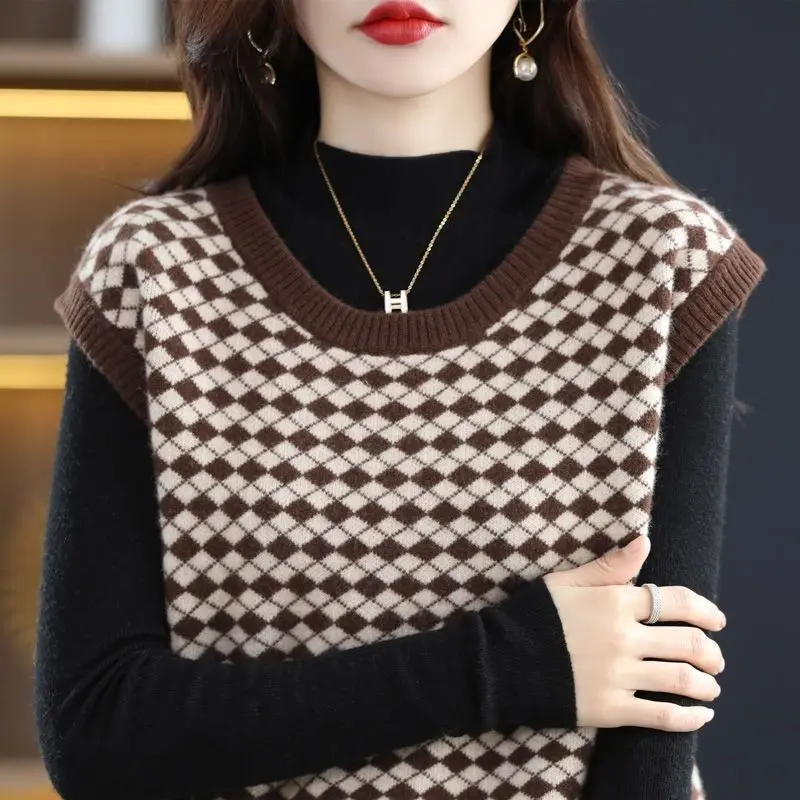 Autumn Winter Women Trendy Retro Argyle Sleeveless Chic Loose Sweater Vest Y2K Female Casual Streetwear O Neck Knitted Waistcoat