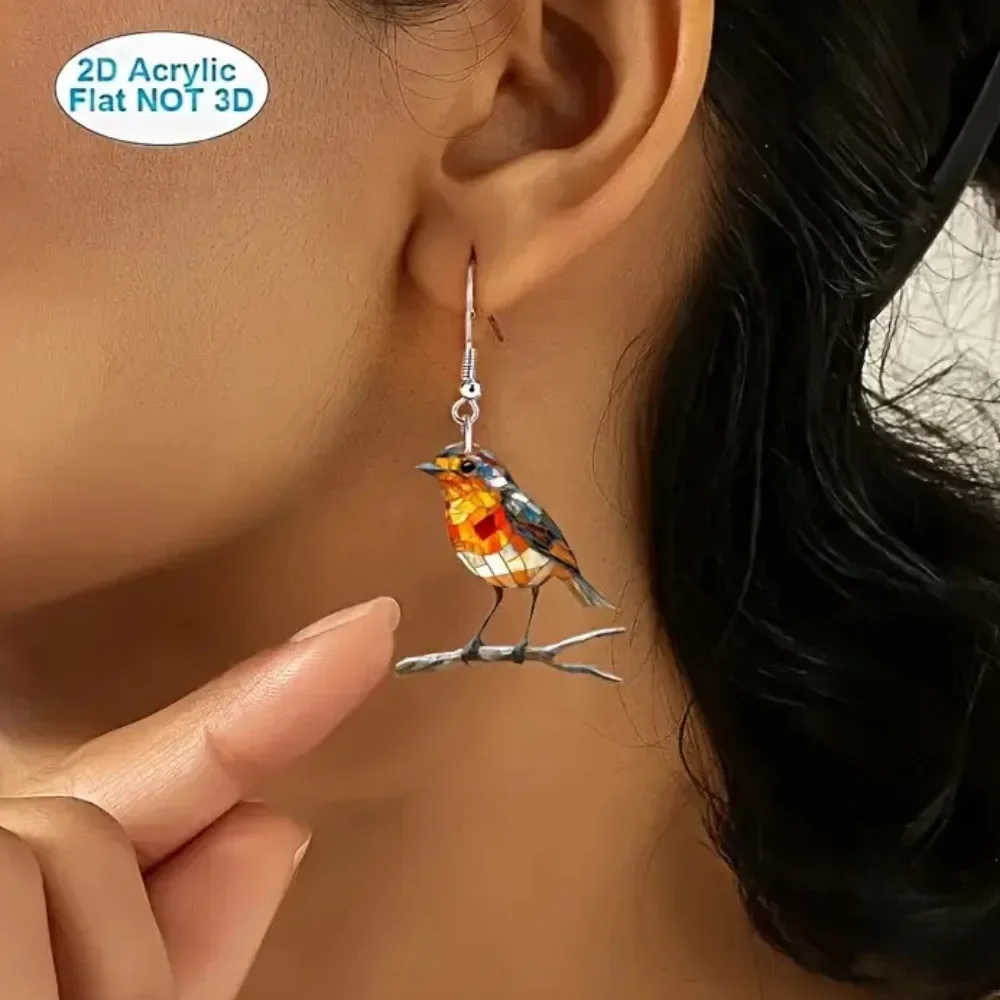 Large Robin Bird on Branch Suncatcher 2D Flat Acrylic Cute Earrings Personalized Dangle Drop Earrings Party Jewelry Accessories